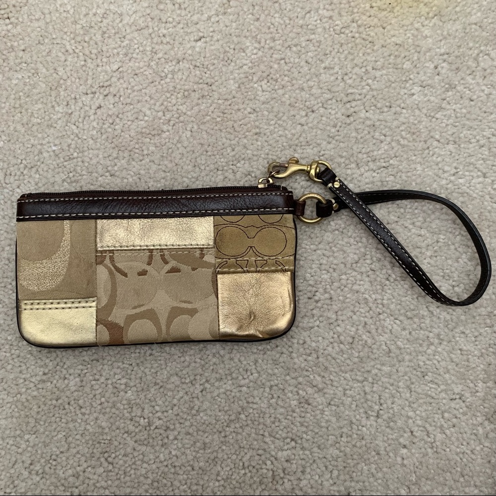 COACH Tan Brown Metallic Patchwork Wristlet